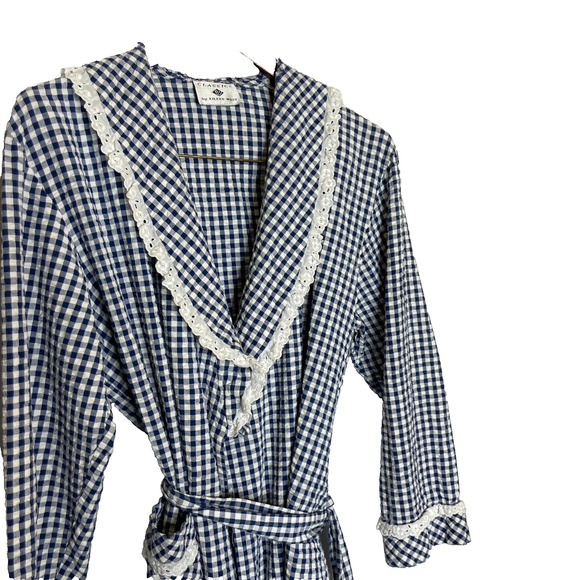 Women's Small Eileen West Blue Gingham Cotton Tie Front Robe Lounge - Picture 3 of 8